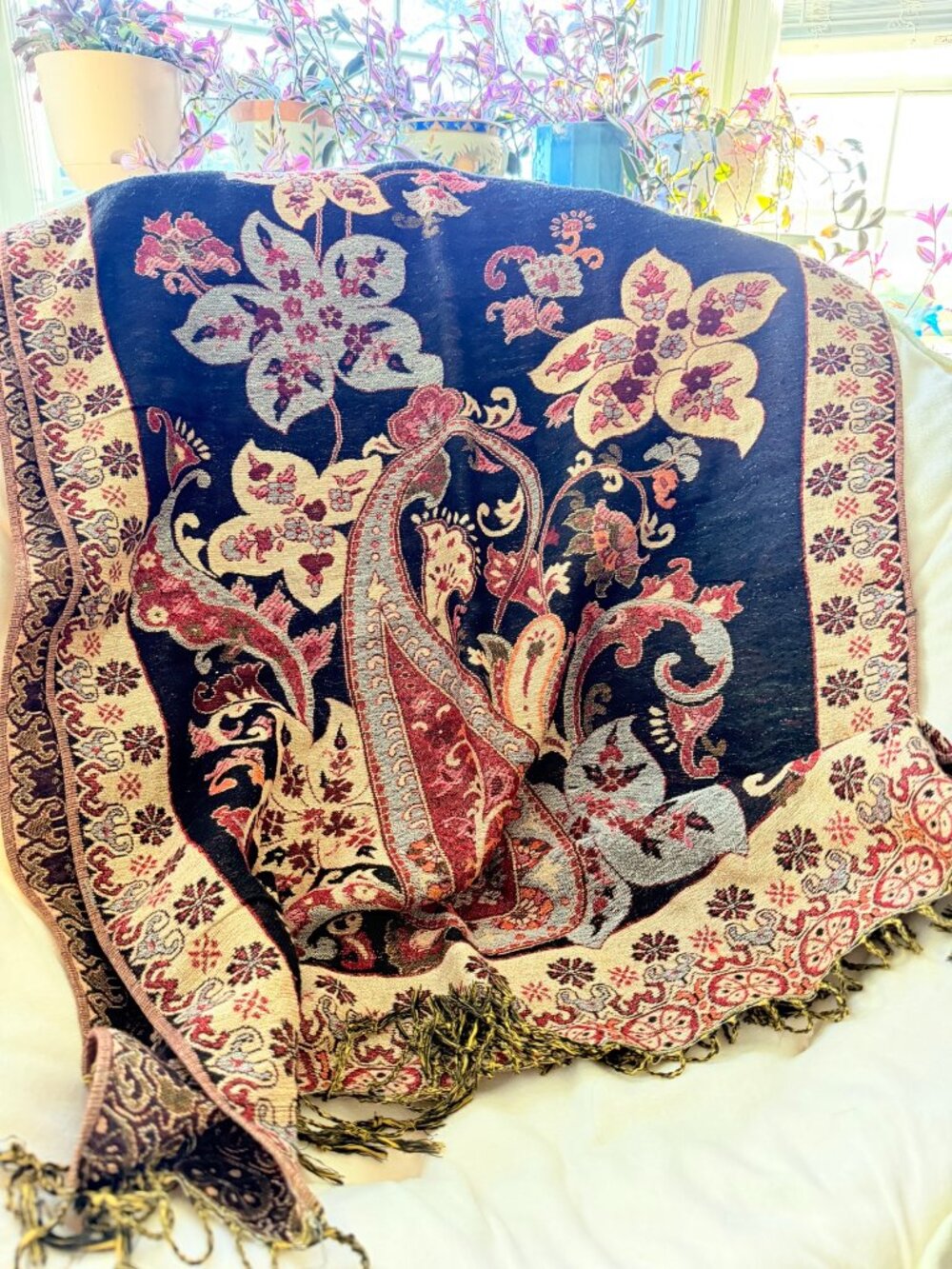 Vintage-Inspired Paisley Jacquard Shawl Wrap with Fringe – New Without Tags